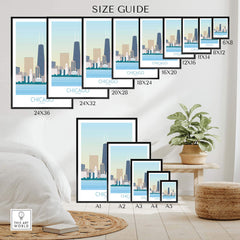 Chicago Skyline Print size guide showcasing various frame options for stylish wall art in home decor.