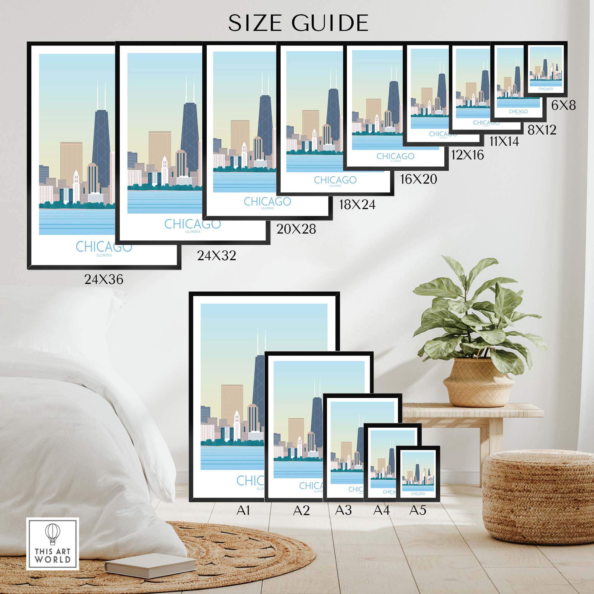 Chicago Skyline Print size guide showcasing various frame options for stylish wall art in home decor.