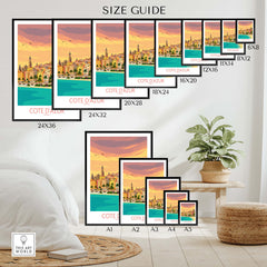 Cote d'Azur travel poster size guide showing various frame options in a stylish interior setting.