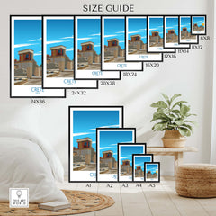 Crete wall art print size guide for Greece travel poster displayed in various frame sizes in a stylish room.