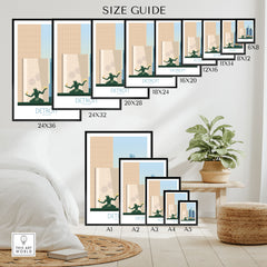 Size guide for Detroit Wall Art Print showing various frame sizes and styles for home decor.