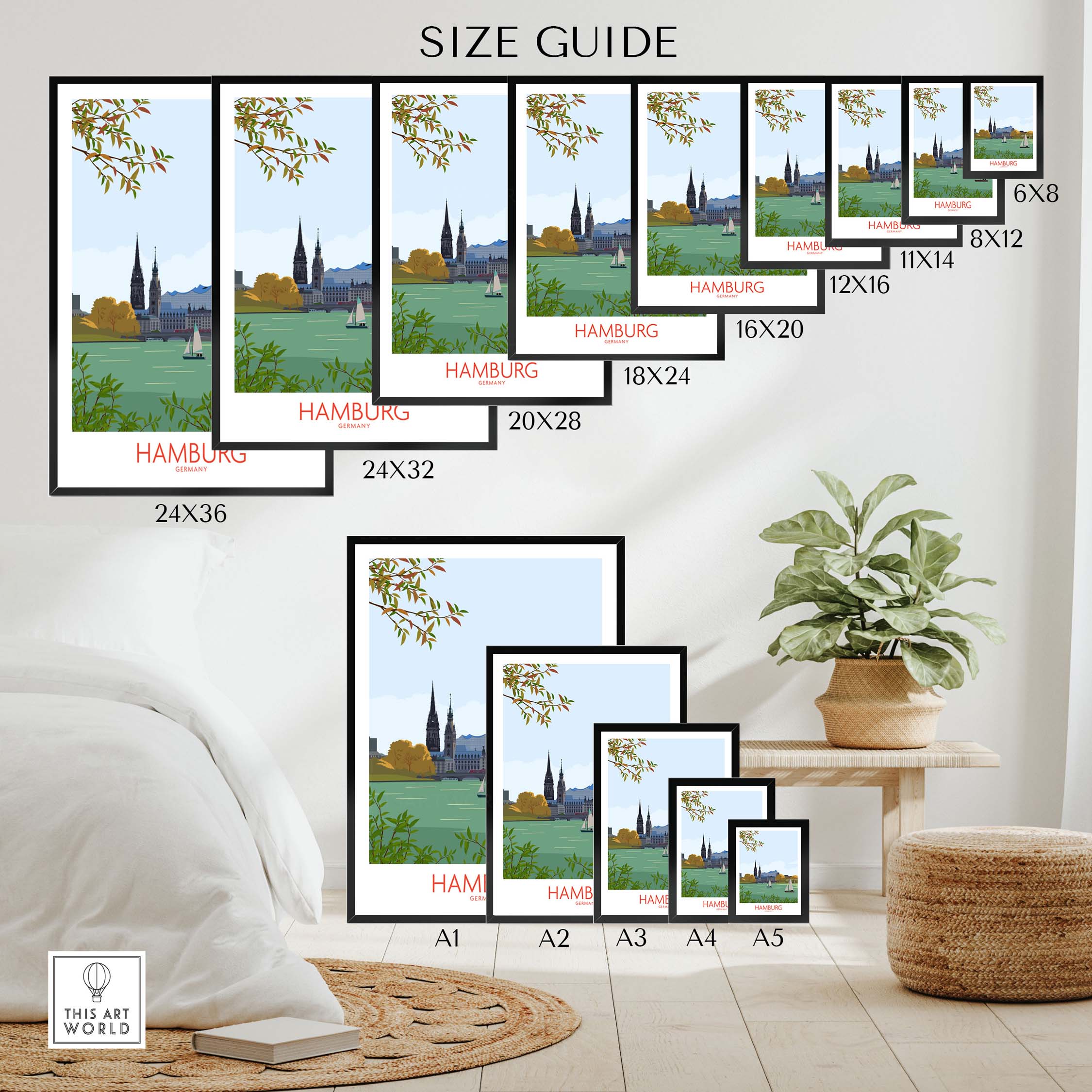Size guide for Hamburg Germany Wall Art Print in various dimensions including framed and unframed options.