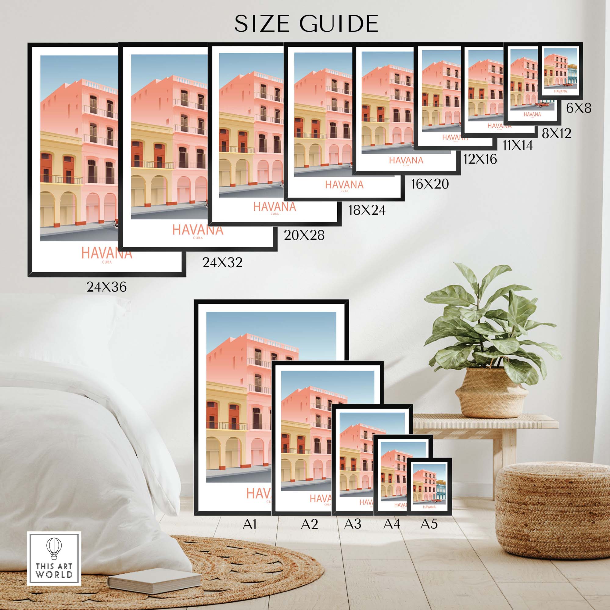 Size guide for Havana Cuba Wall Art Print, showcasing various frame sizes and designs in a stylish home setting.