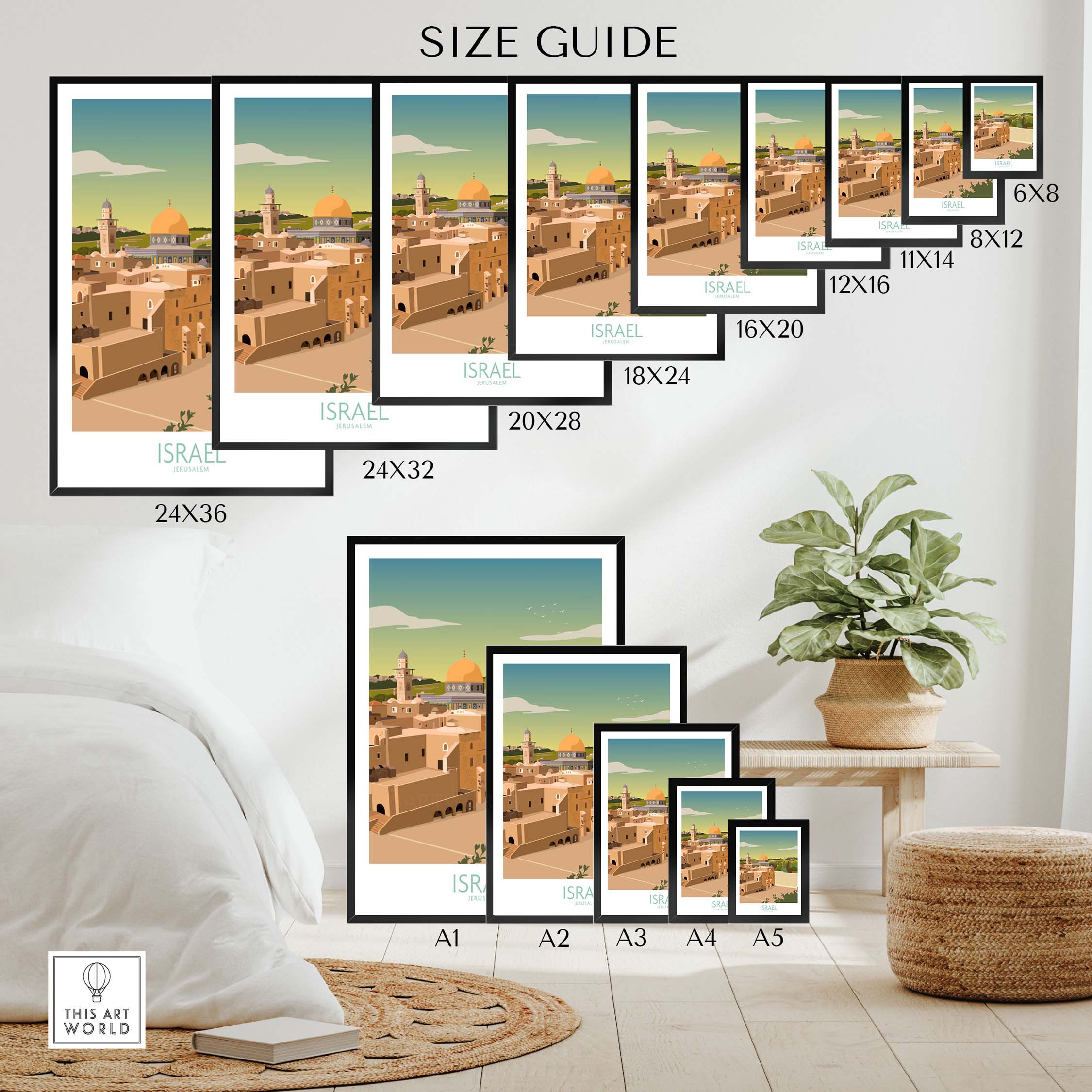 Size guide for Israel wall art print featuring various frame dimensions and styles.