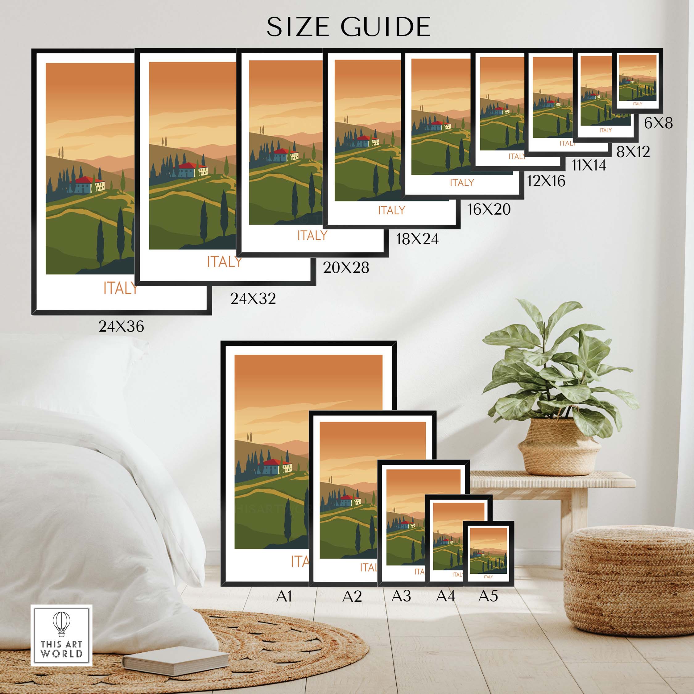 Size guide for Italy wall art print, showcasing available dimensions for travel poster options.