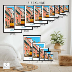 Size guide for Lisbon Wall Art Prints showcasing various frame dimensions and vintage style design.