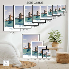 London Wall Art Print size guide showcasing various frame dimensions against a chic home interior.