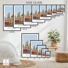 Melbourne Poster size guide showcasing various frame sizes and design inspired by vintage travel art.