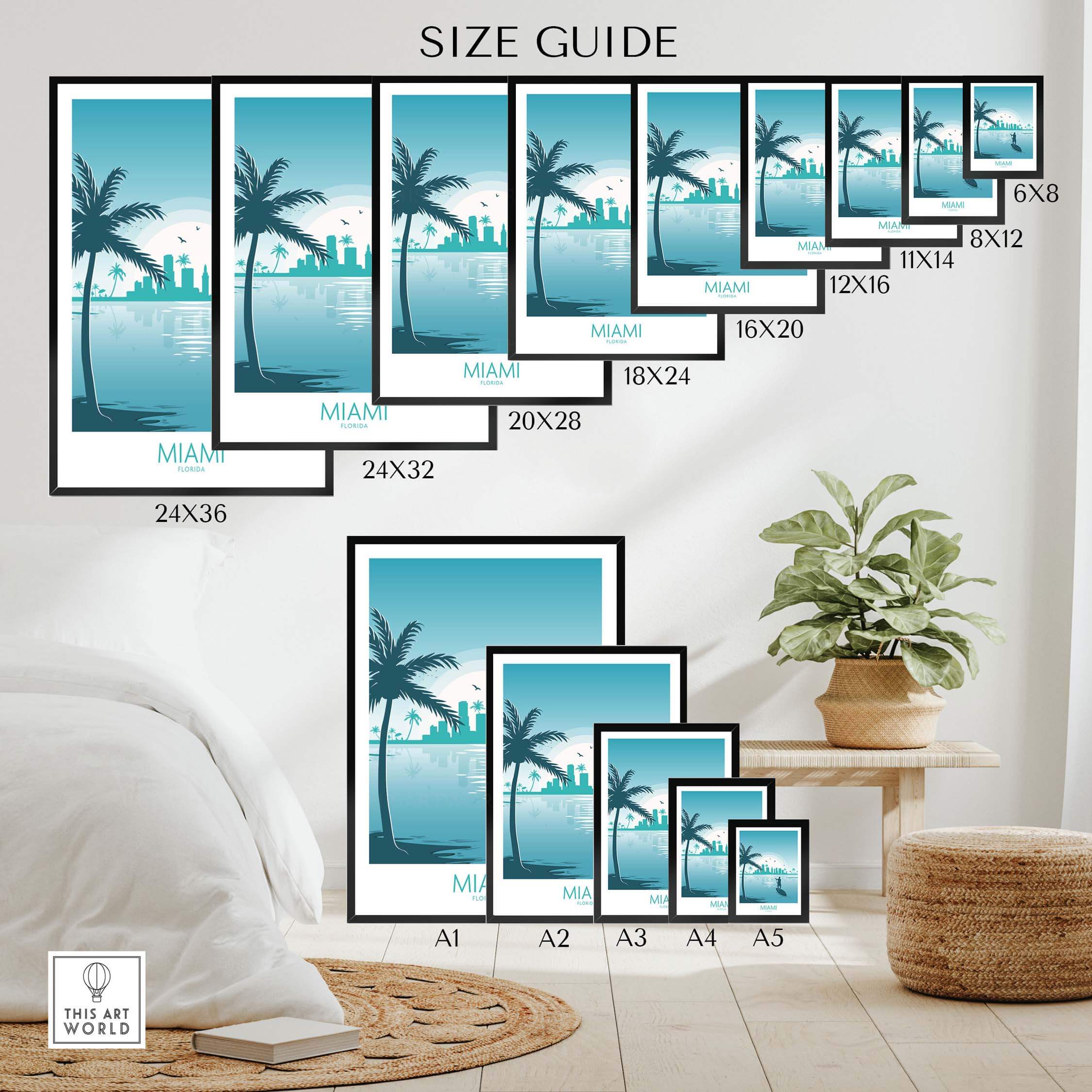 Size guide for Miami Wall Art Print showing various frame sizes and minimalist design featuring palm trees and skyline.