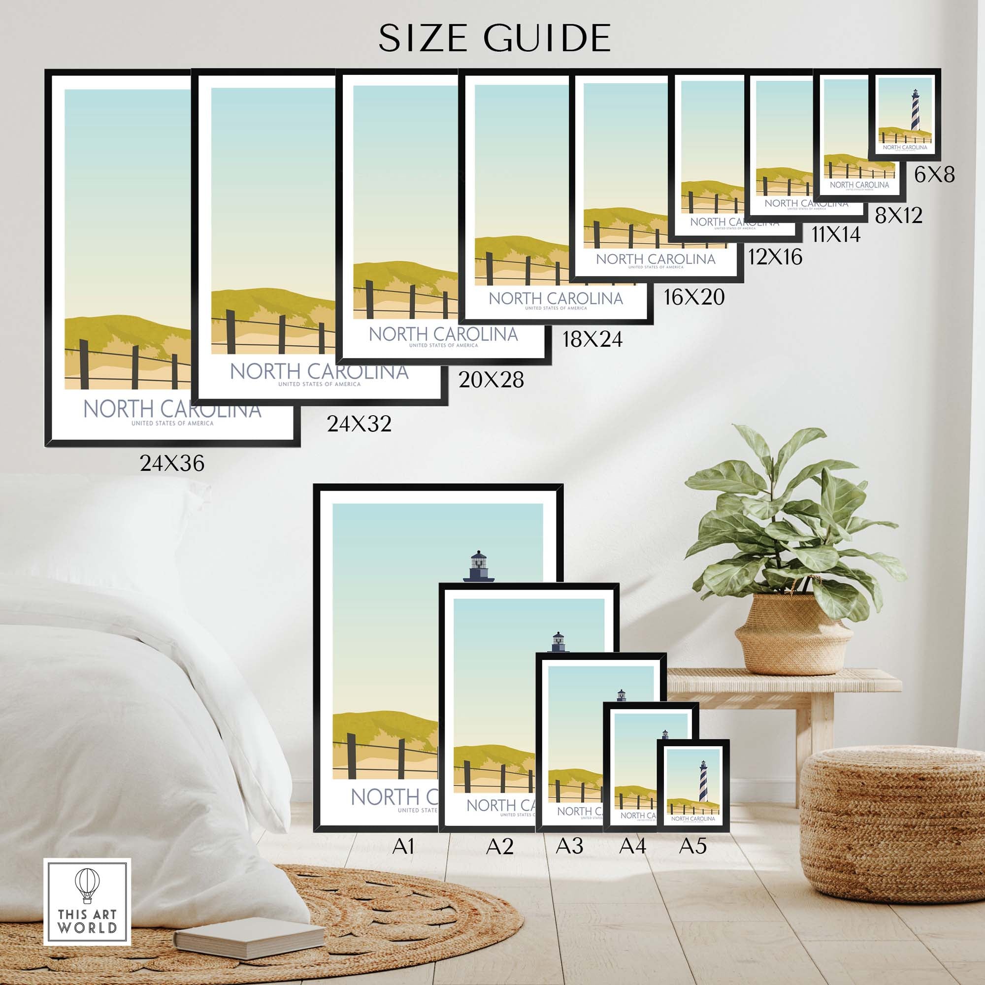 Size guide for North Carolina Wall Art Print showcasing various sizes and frames in a stylish interior setting.