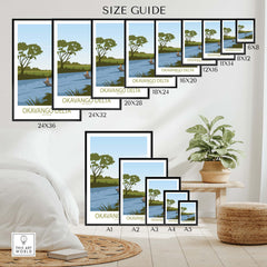 Okavango Delta poster size guide showcasing various frame sizes for artwork in a minimalist style.