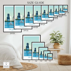 Size guide for Orlando Wall Art Print showcasing various frame sizes and styles in a modern setting.