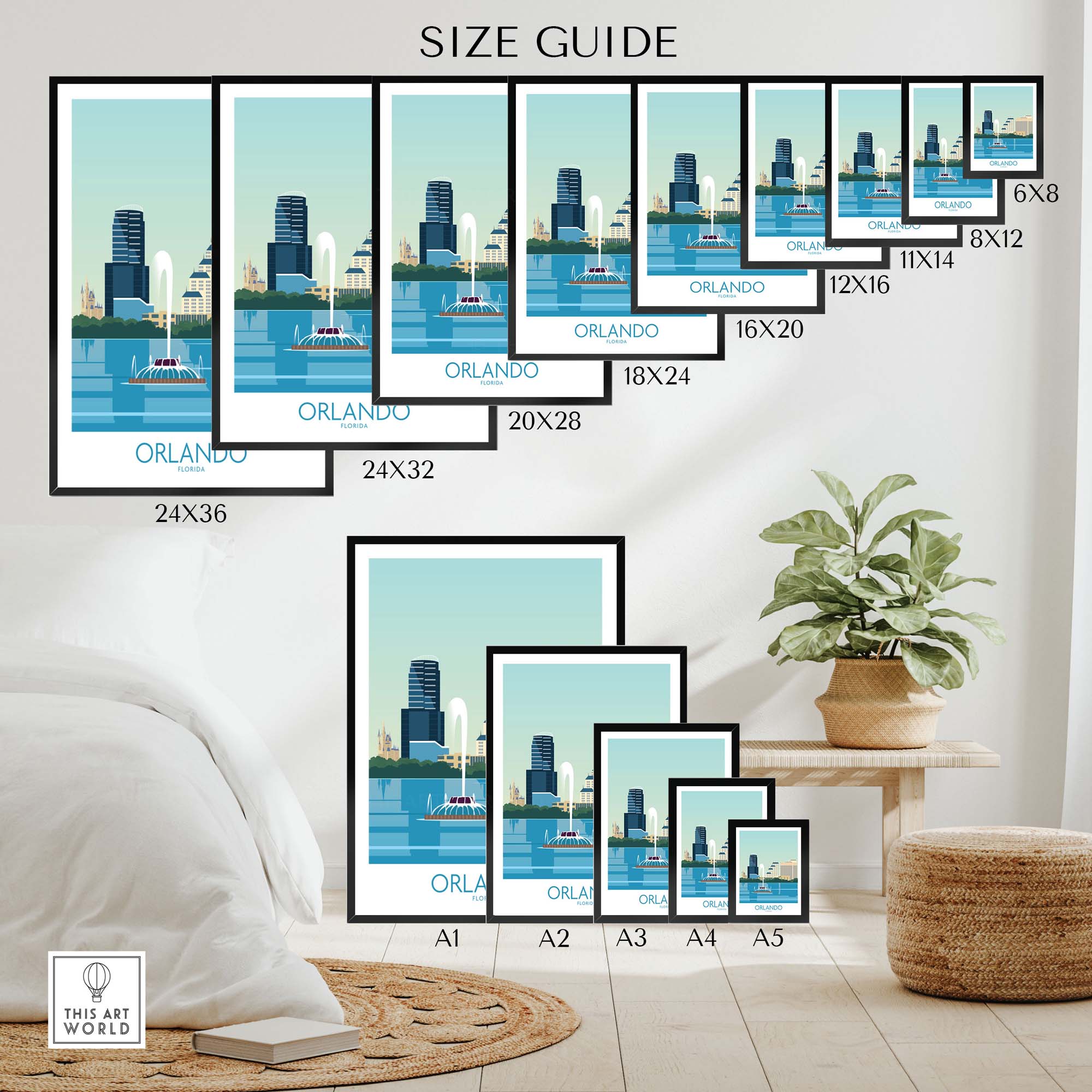 Size guide for Orlando Wall Art Print showcasing various frame sizes and styles in a modern setting.
