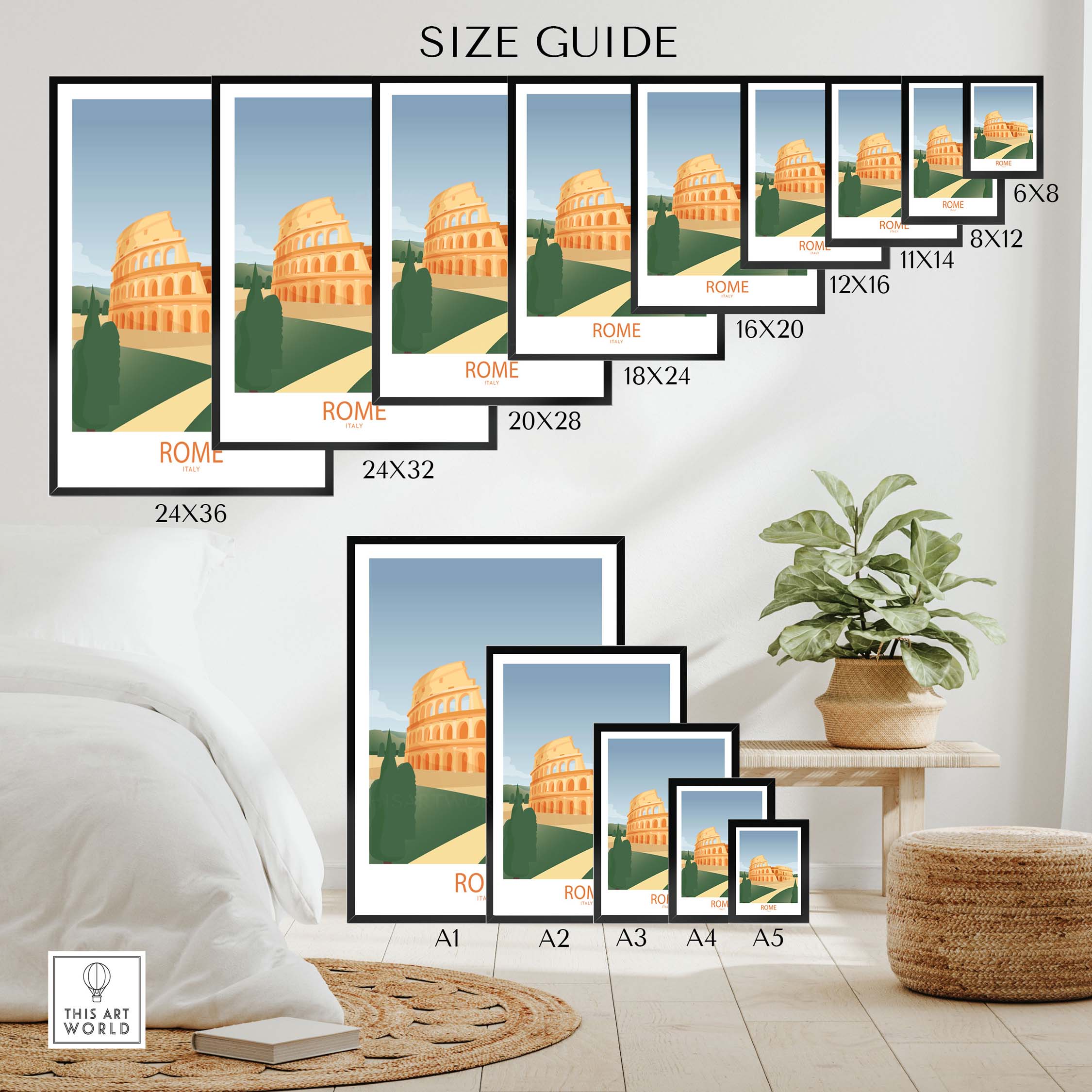 Size guide for Rome Wall Art Print showcasing various frame sizes on a modern living room wall. Perfect for home decor.