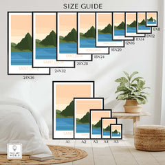 Size guide for Saint Lucia Caribbean poster featuring dimensions for various frame options.