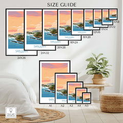 San Juan Puerto Rico Print size guide showcasing various frame sizes in a stylish living room setting.