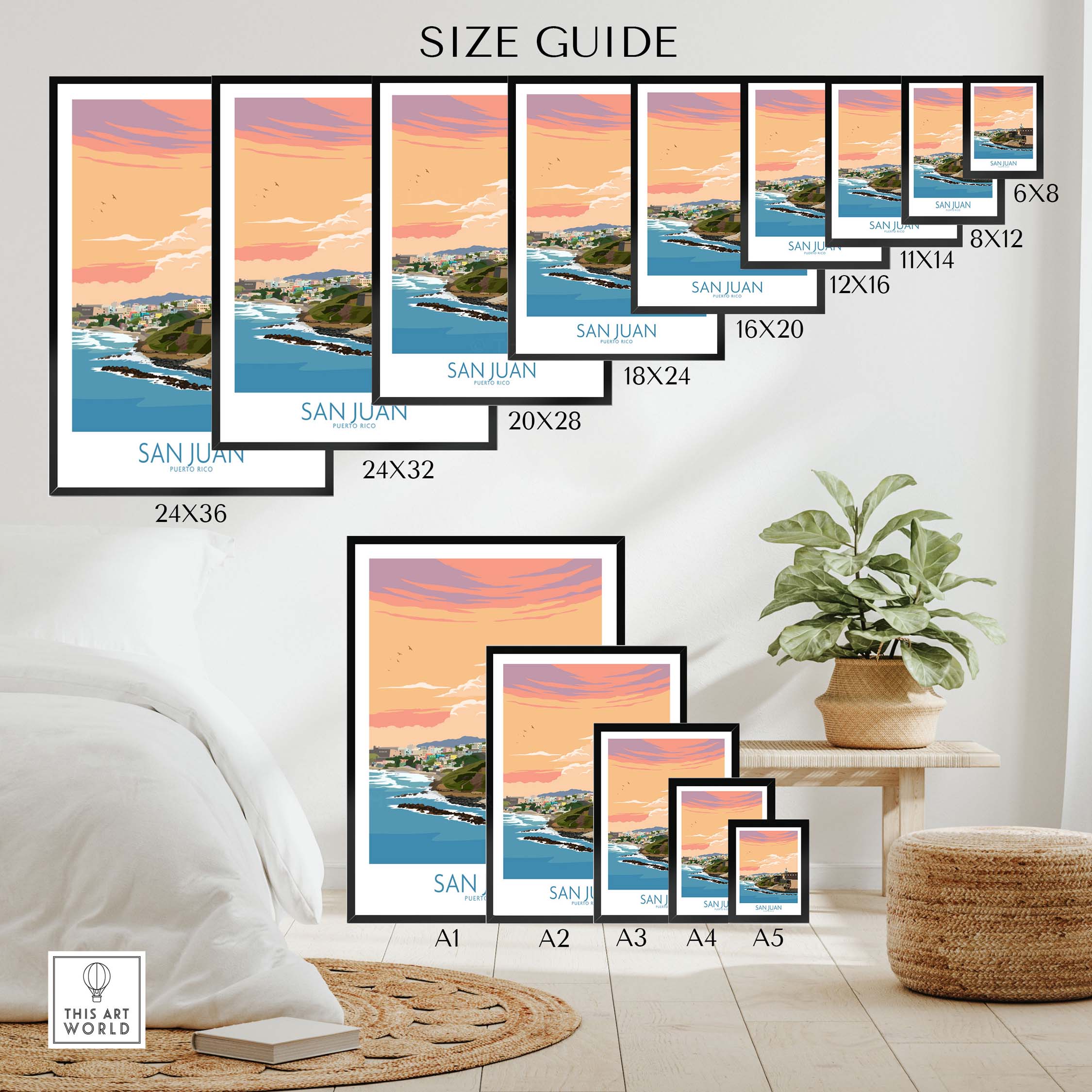 San Juan Puerto Rico Print size guide showcasing various frame sizes in a stylish living room setting.