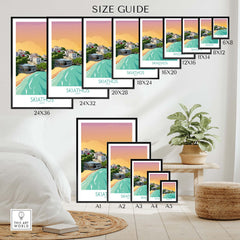 Size guide for Skiathos wall art print showing various frame sizes in a stylish home setting.