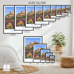 Toledo wall art print size guide showcasing various frame dimensions in a minimalist decor setting.