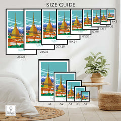 Turin Wall Art Print size guide showcasing various frame options and vibrant mountain backdrop.