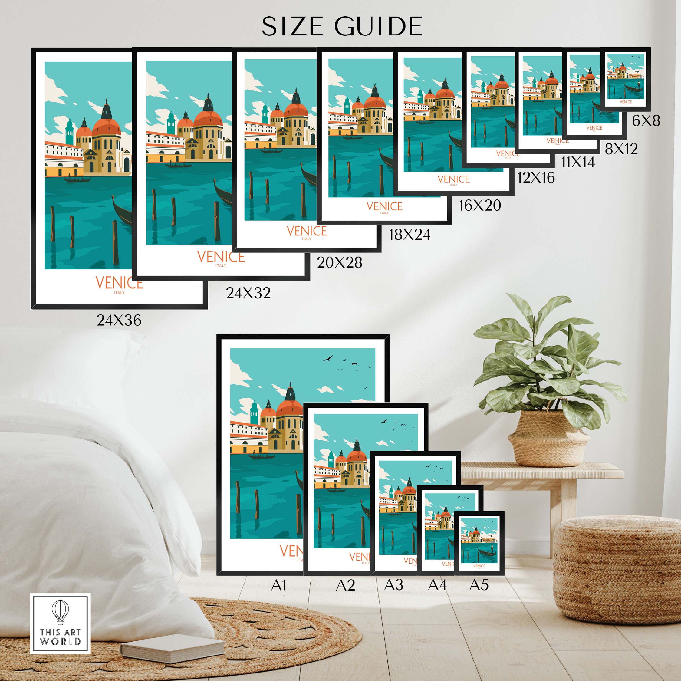 Size guide for Venice Italy poster prints showcasing various frame sizes, featuring a nostalgic gondola scene.
