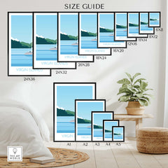 Size guide for Virgin Islands Wall Art Print showcasing various frame options in a stylish home setting.