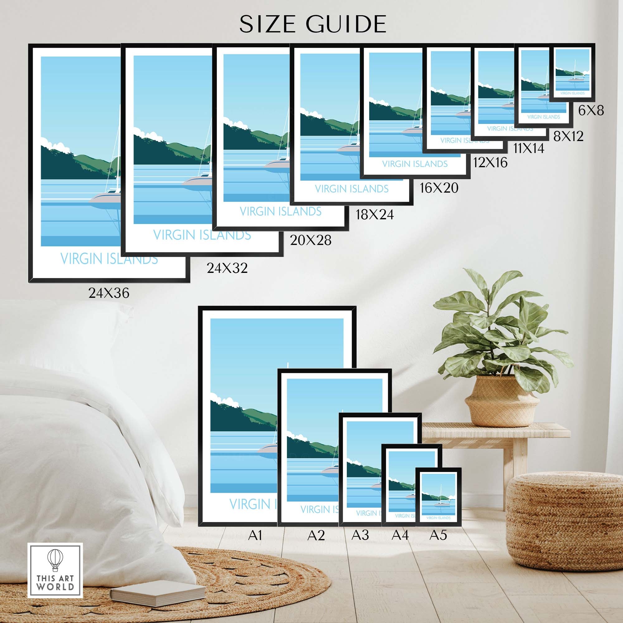 Size guide for Virgin Islands Wall Art Print showcasing various frame options in a stylish home setting.