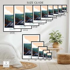 Virginia Wall Art Print size guide showcasing framed and unframed options in a cozy interior setting.