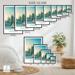 Size guide for Auckland Wall Art Print featuring various frame sizes in a stylish interior setting.