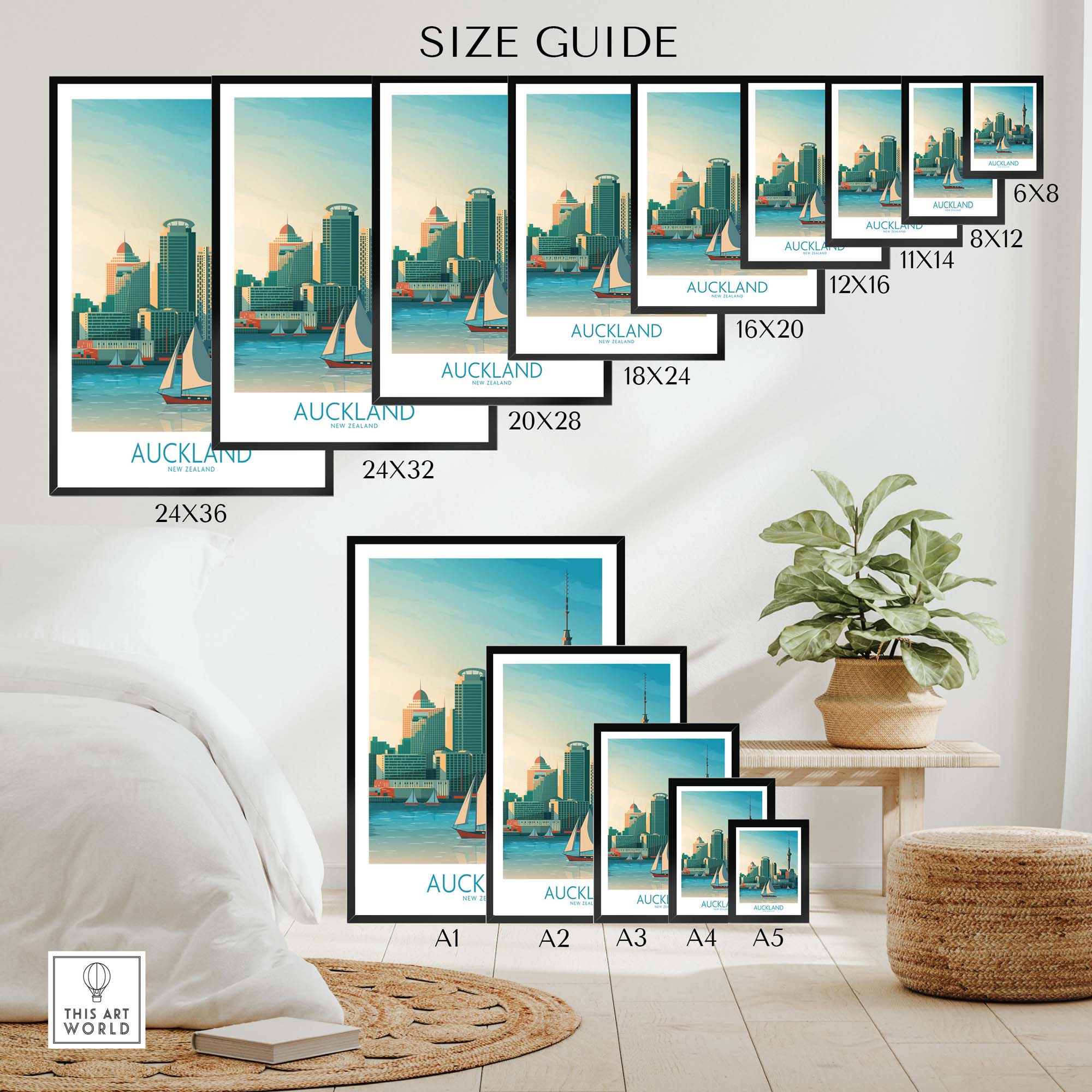 Size guide for Auckland Wall Art Print featuring various frame sizes in a stylish interior setting.