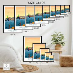Size guide for Cape Town Print poster displaying various frame sizes for stylish wall art options.