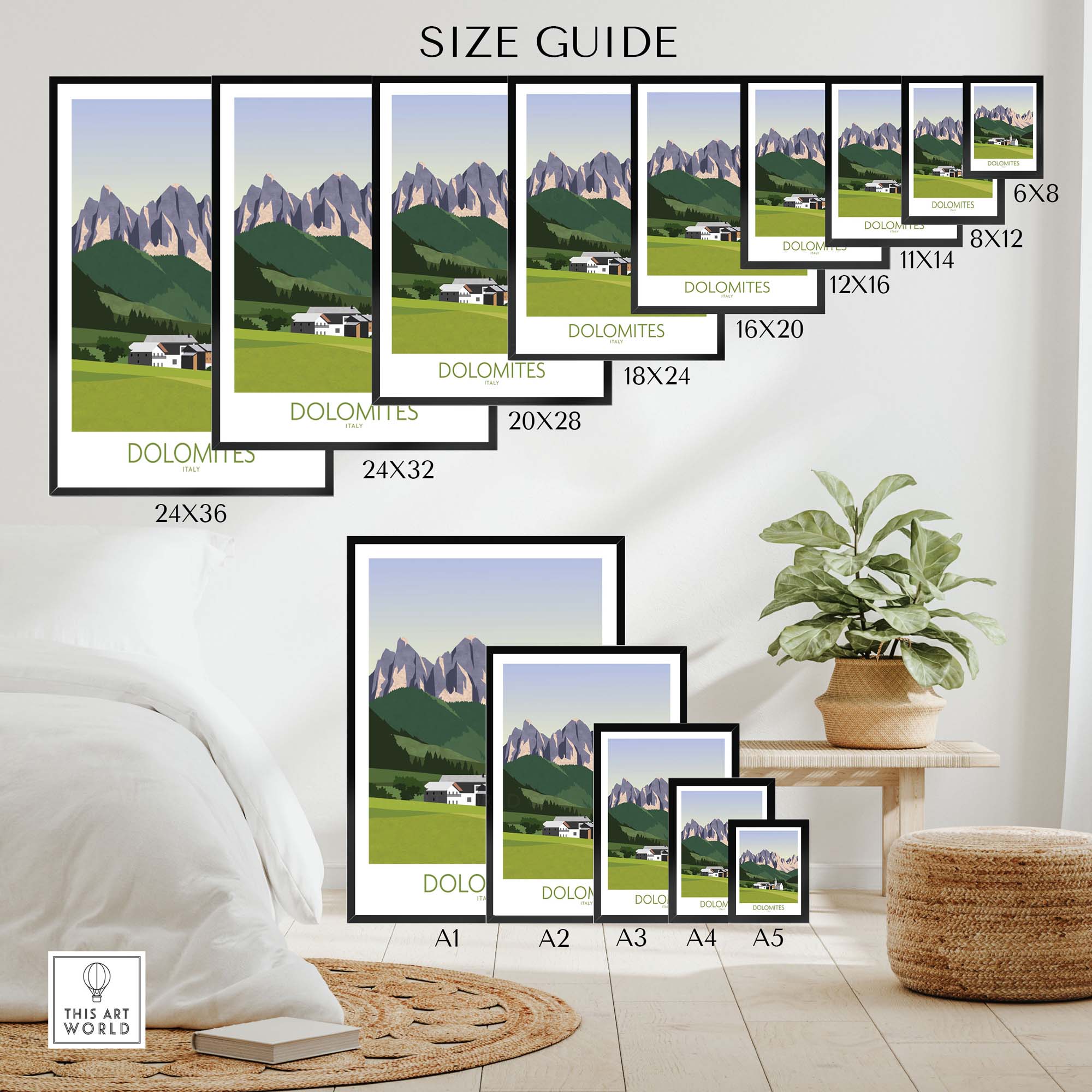 Size guide for Dolomites wall art print featuring various frame sizes and dimensions in a stylish interior setting.