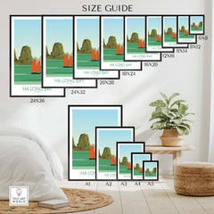Ha Long Bay print size guide showing various frame dimensions in a stylish living space.