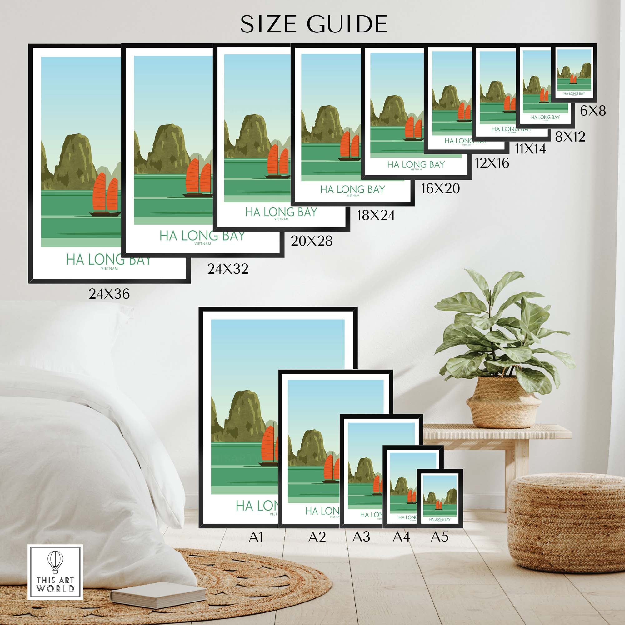 Ha Long Bay print size guide showing various frame dimensions in a stylish living space.
