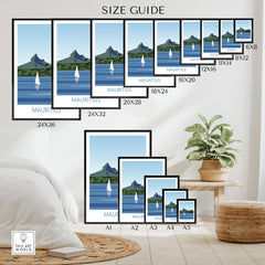 Size guide for Mauritius Print posters, showcasing various sizes and styles for home decor.