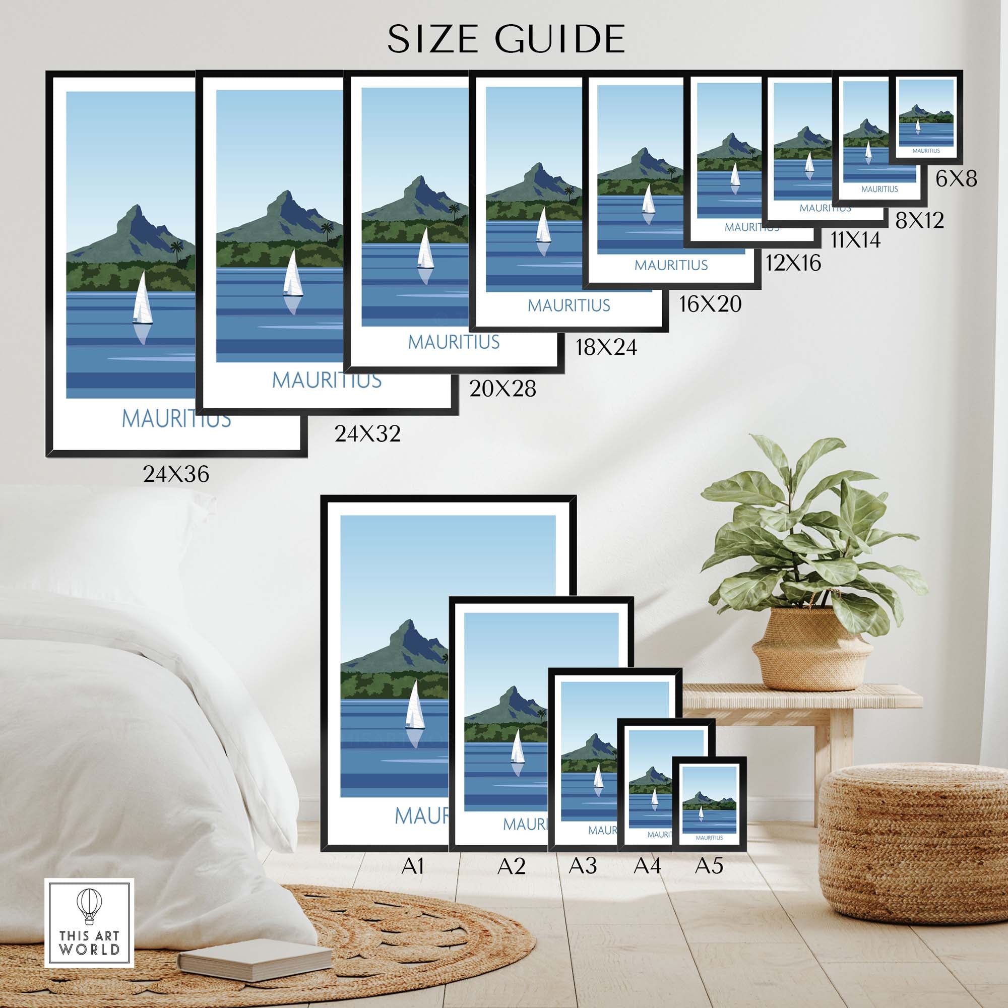 Size guide for Mauritius Print posters, showcasing various sizes and styles for home decor.