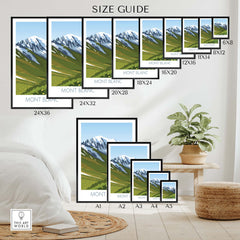 Mont Blanc Print size guide showing various frame sizes for travel art, perfect for home or office decor.