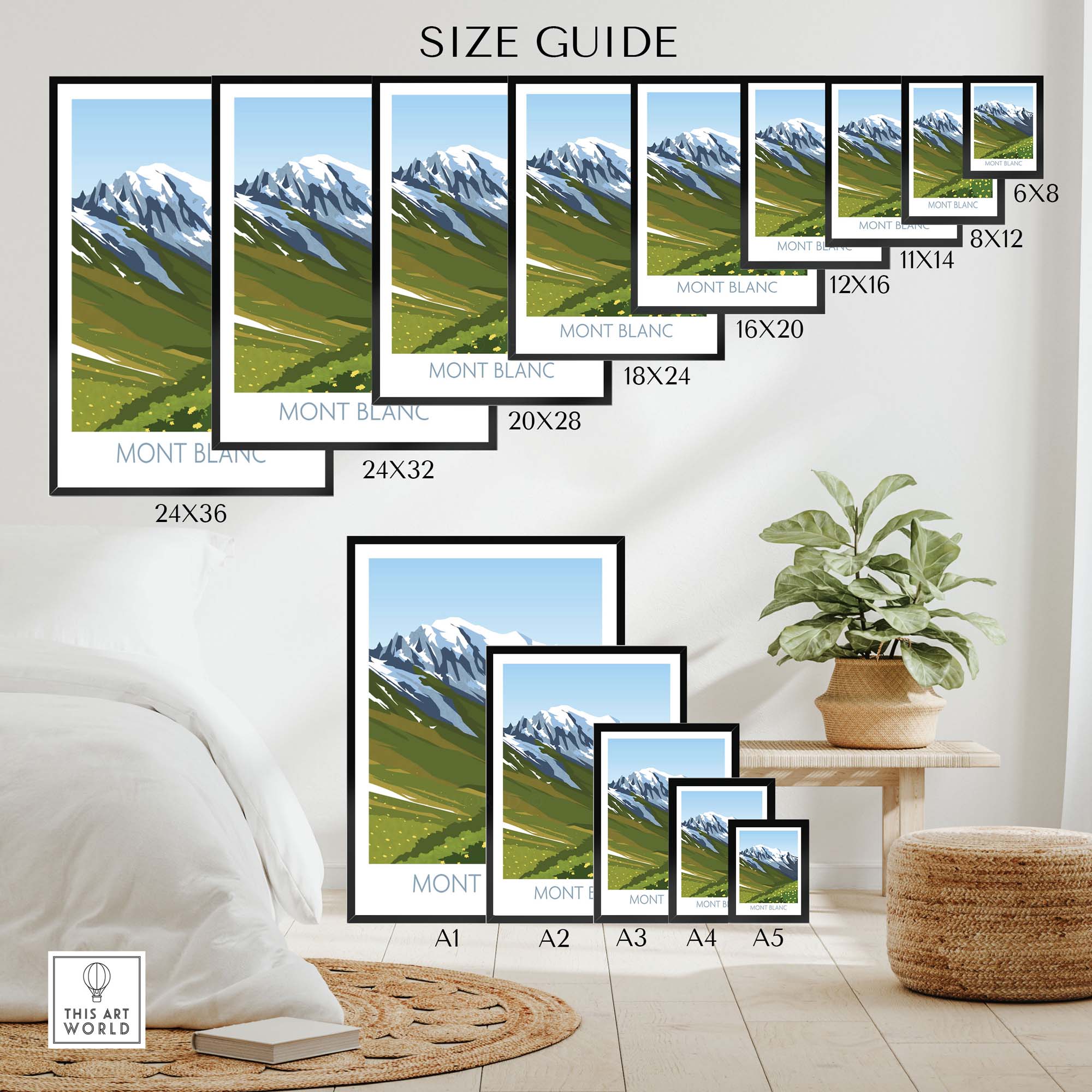 Mont Blanc Print size guide showing various frame sizes for travel art, perfect for home or office decor.