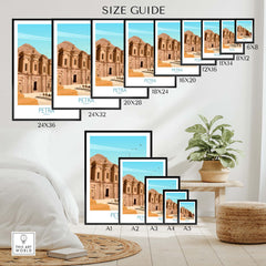 Size guide for Petra wall art print featuring multiple frame sizes for easy selection of Jordan poster.