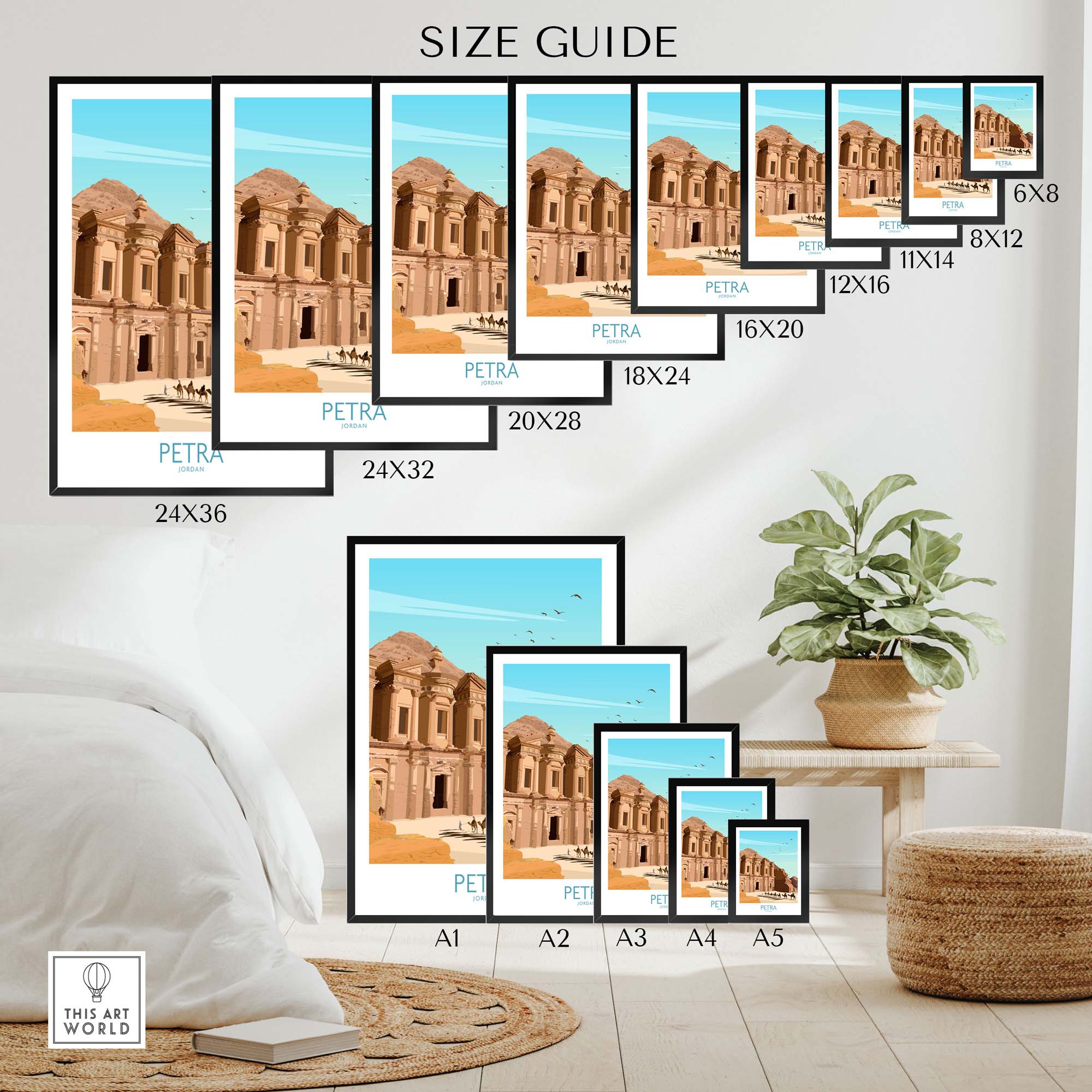Size guide for Petra wall art print featuring multiple frame sizes for easy selection of Jordan poster.