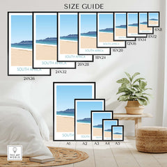 Size guide for South Africa Wall Art Print, showcasing various frame sizes against a minimalist interior backdrop.