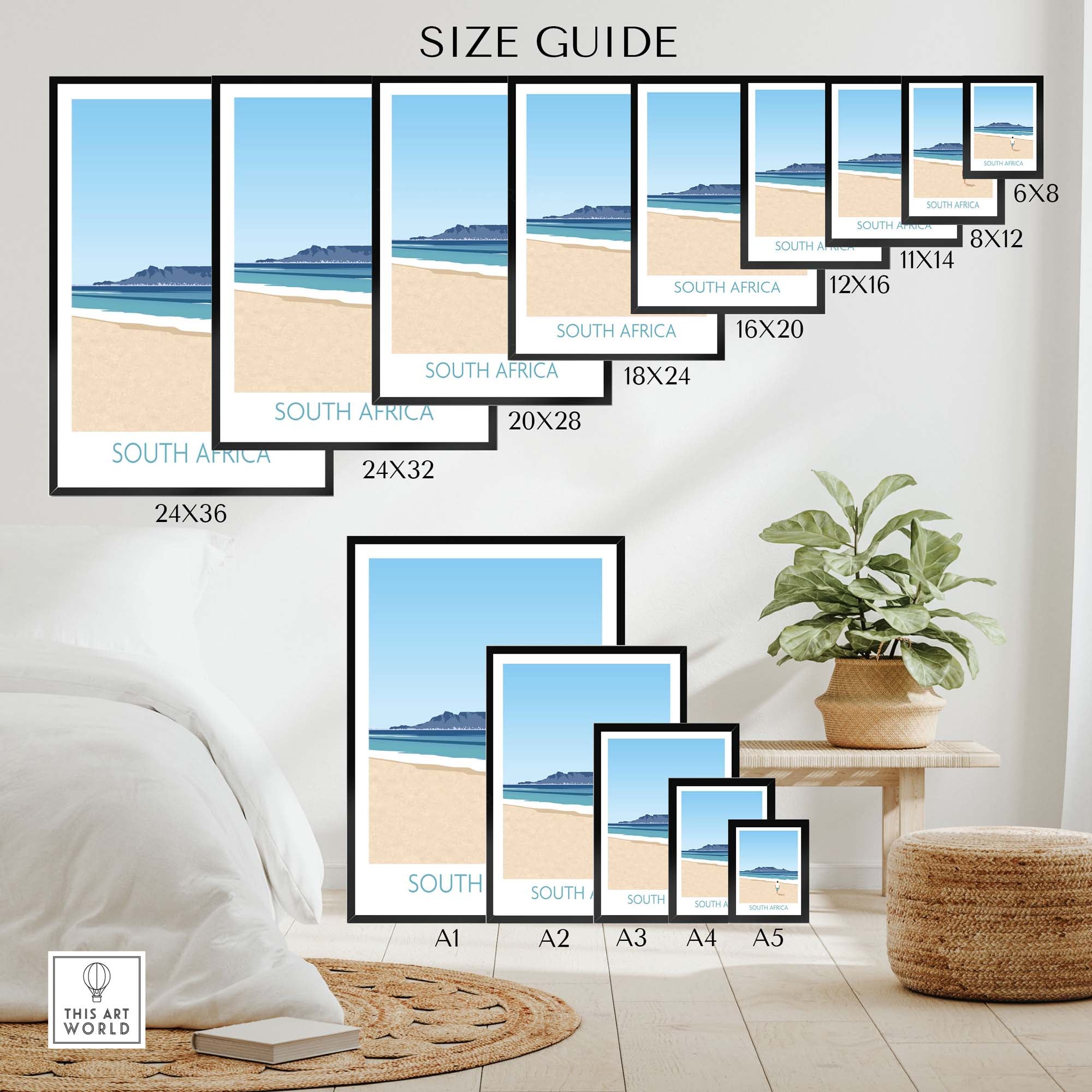Size guide for South Africa Wall Art Print, showcasing various frame sizes against a minimalist interior backdrop.