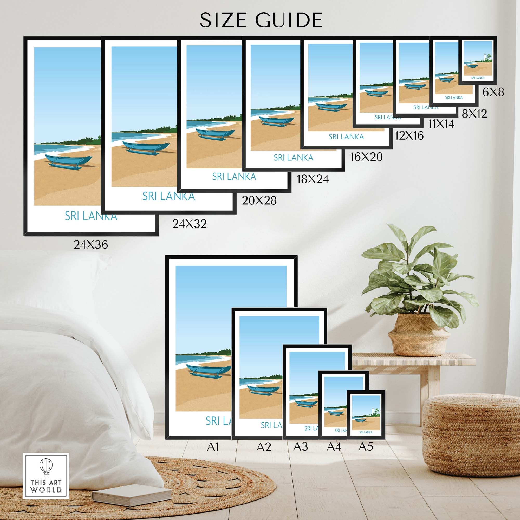 Size guide for Sri Lanka wall art prints showcasing various frame sizes and beach scene design.