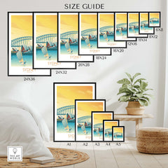 Size guide for Sydney Print Australia Poster showcases various frame sizes in a stylish home setting.