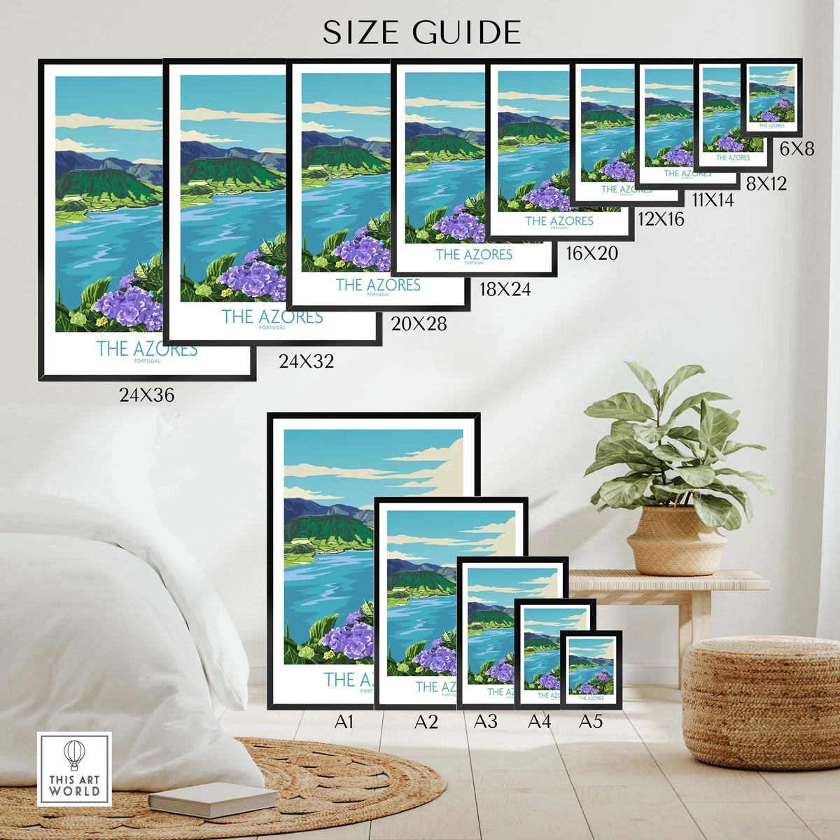 Size guide for The Azores Wall Art Print, showcasing various frame sizes and designs for wall decor.