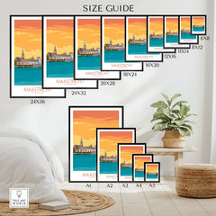 Maastricht travel poster size guide showcasing various frame sizes with a vintage-inspired design.
