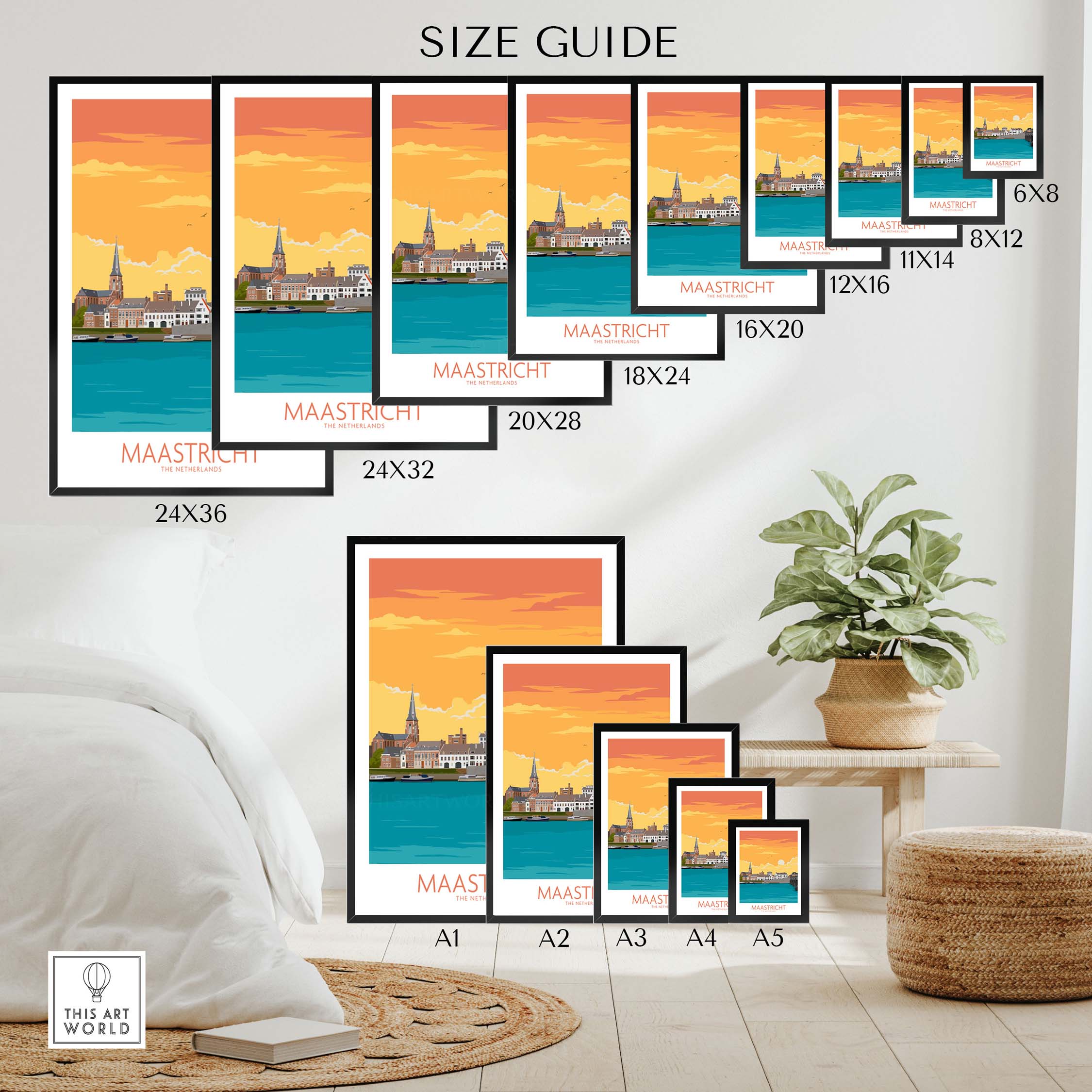 Maastricht travel poster size guide showcasing various frame sizes with a vintage-inspired design.