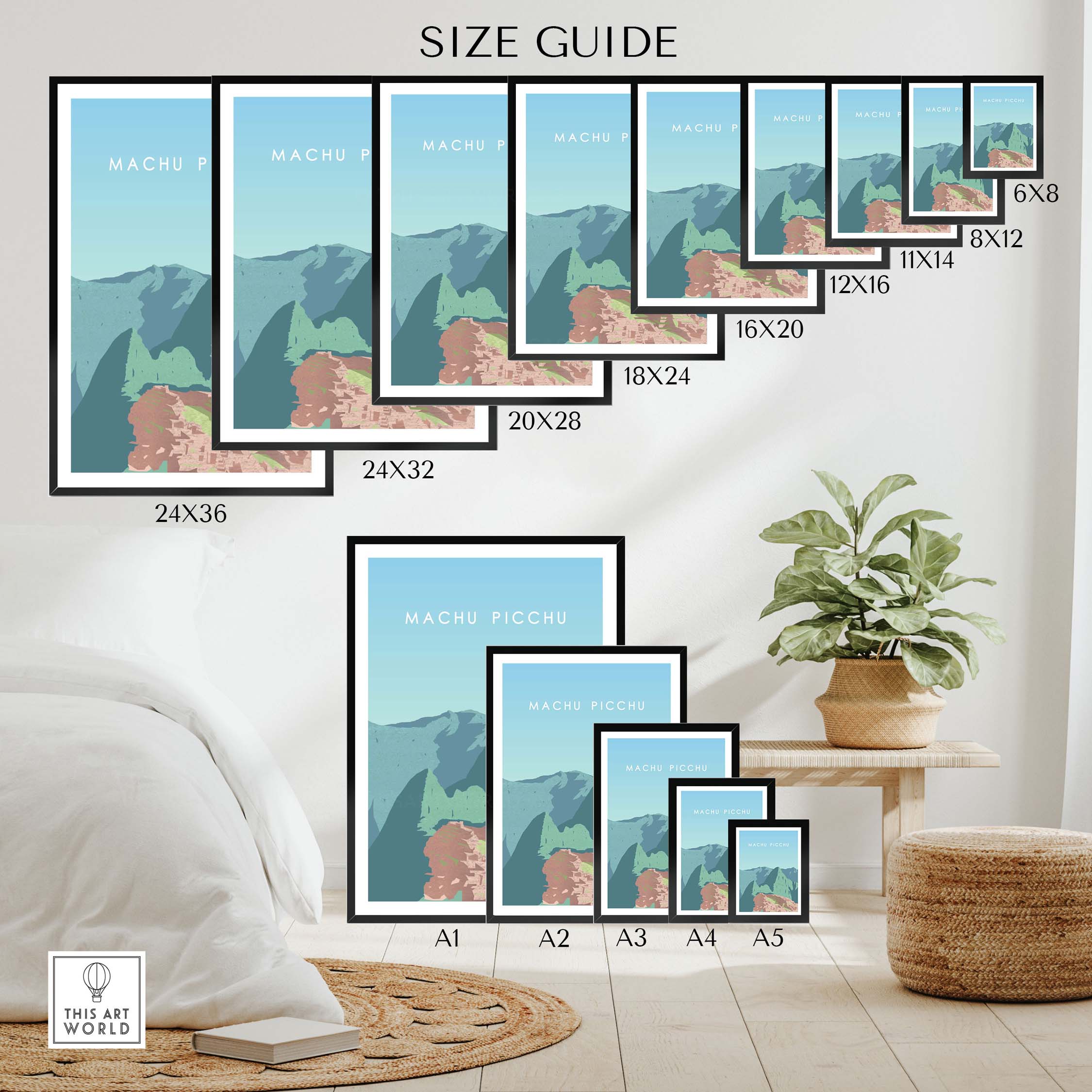 Machu Picchu Print wall art size guide showcasing various frame options and dimensions for stylish home decor.