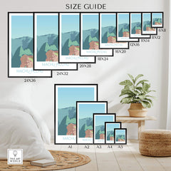 Machu Picchu Print size guide showcasing various frame sizes for home decor.