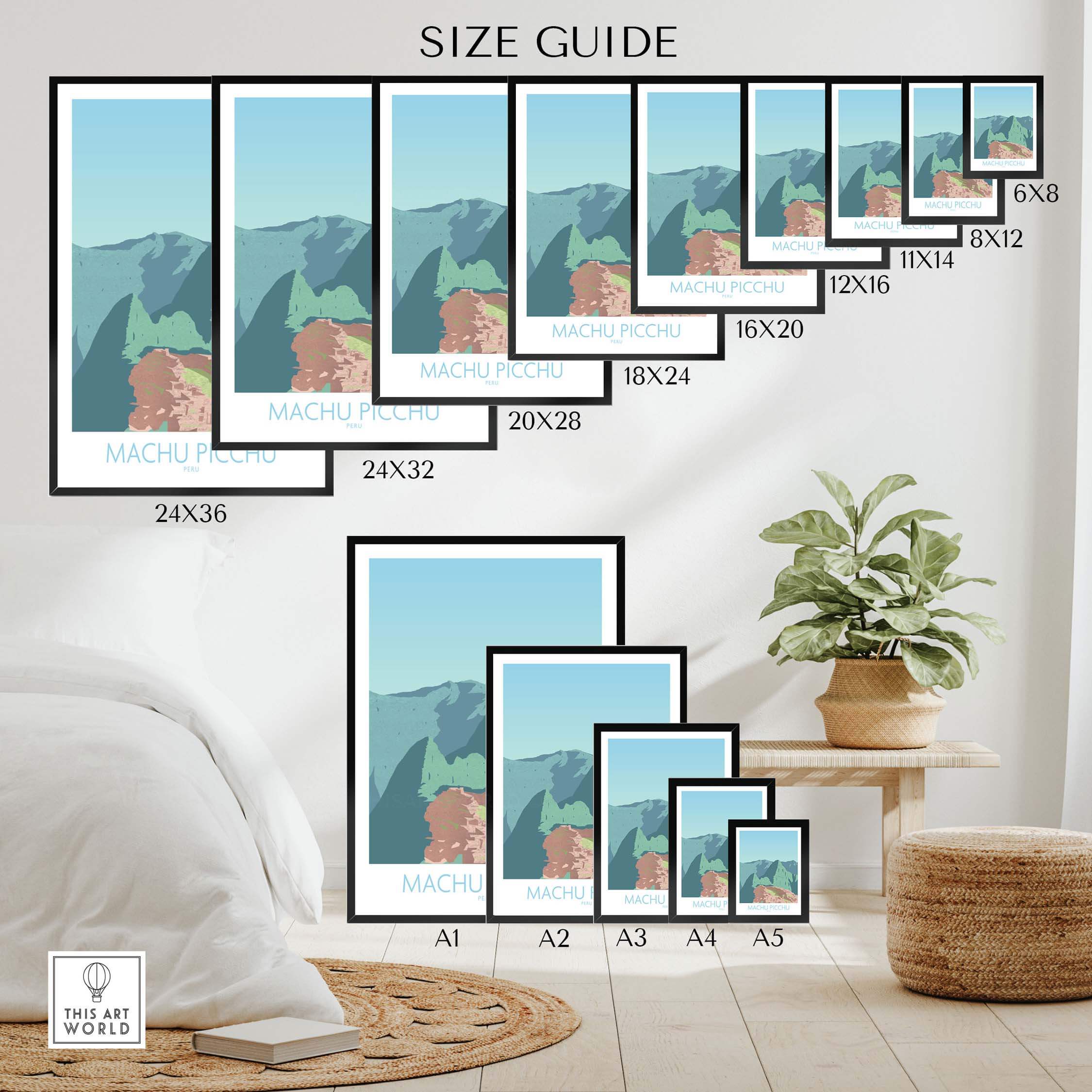Machu Picchu Print size guide showcasing various frame sizes for home decor.